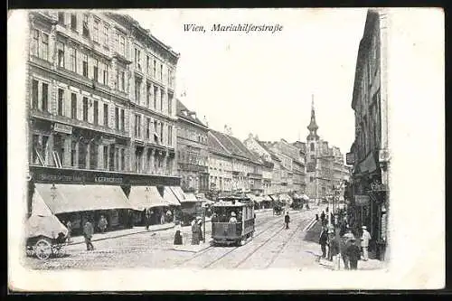 AK Wien, Mariahilferstrasse mit Geschäften und Strassenbahn