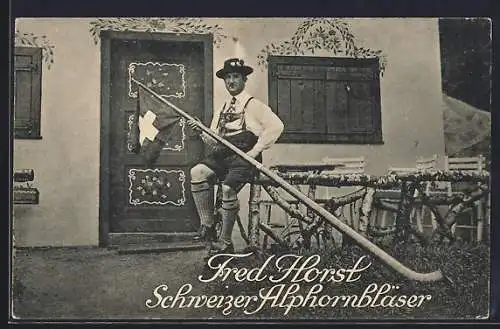 AK Cor des Alpes, Schweizer Alphornbläser Fred Horst in Tracht