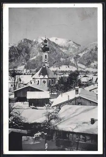 AK Lenggries, Ortsansicht mit Brauneck im Winter