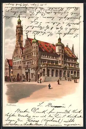 Lithographie Rothenburg / Tauber, Rathaus, Aussenansicht