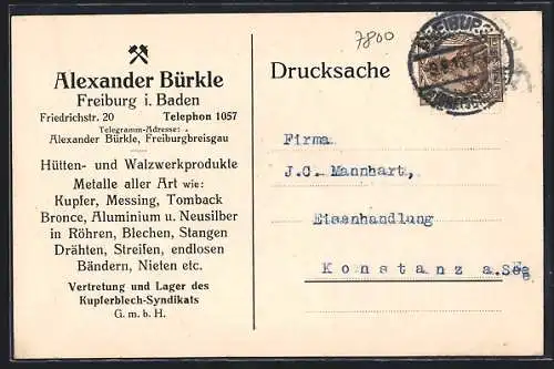 AK Freiburg / Breisgau, Alexander Bürkle, Hütten- und Walzwerkprodukte, Friedrichstrasse 20