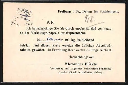 AK Freiburg / Breisgau, Alexander Bürkle, Hütten- und Walzwerkprodukte, Friedrichstrasse 20