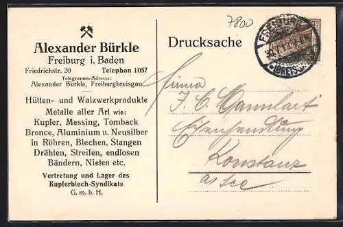 AK Freiburg / Breisgau, Alexander Bürkle, Hütten- und Walzwerkprodukte, Friedrichstrasse 20