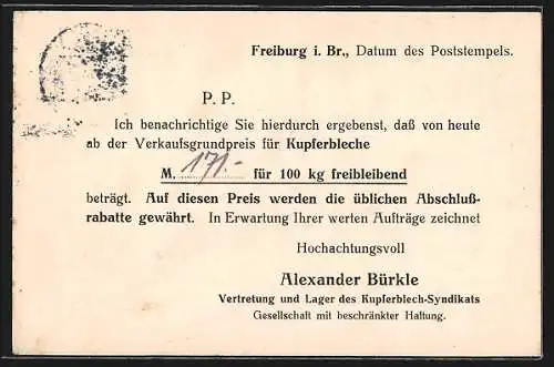 AK Freiburg / Breisgau, Alexander Bürkle, Hütten- und Walzwerkprodukte, Friedrichstrasse 20