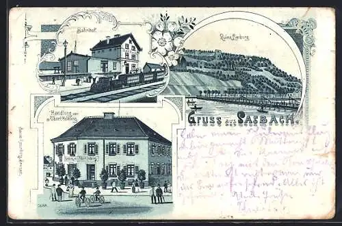 Lithographie Sasbach / Kaiserstuhl, Bahnhof, Handlung von Albert Helbling, Ruine Limburg