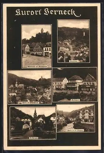AK Berneck / Fichtelgebirge, Hoferstrasse mit Schlossturm, Panorama, Marktplatz und Alt-Berneck