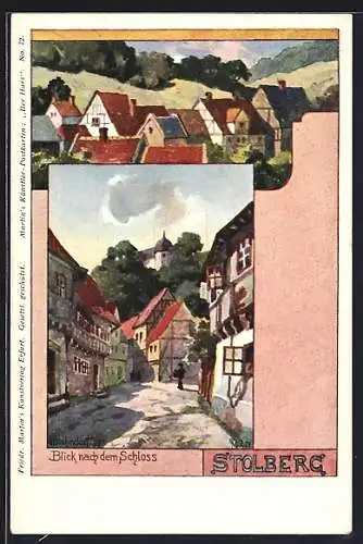 Künstler-AK H. Bahndorf: Stolberg / Harz, Blick nach dem Schloss, Ortspartie