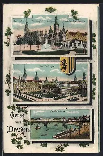 Künstler-AK Dresden, Theaterplatz mit Hofkirche, K. Schloss und Altstädter Hauptwache, Zwinger, Carolabrücke
