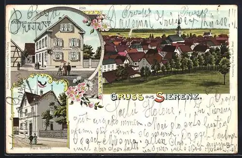 Lithographie Sierenz, Gasthaus zum weissen Pferd, Kais. Postamt, Ortsansicht aus der Vogelschau