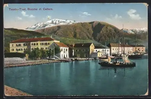 AK Teodo / Tivat, Bocche di Cattaro, Blick zum Ort, Segelboote