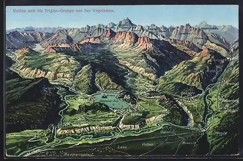 AK Veldes, Ortsansicht mit Triglav-Gruppe aus der Vogelschau
