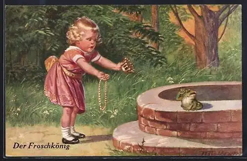 Künstler-AK Wally Fialkowska: der Froschkönig, Mädchen und Frosch am Brunnen
