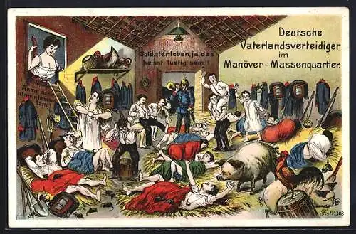 AK Lustiges Treiben der Soldaten im Manöver-Massenquartier