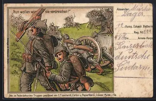 AK Deutsche Truppen im Felde, Nun wollen wir sie verdreschen!