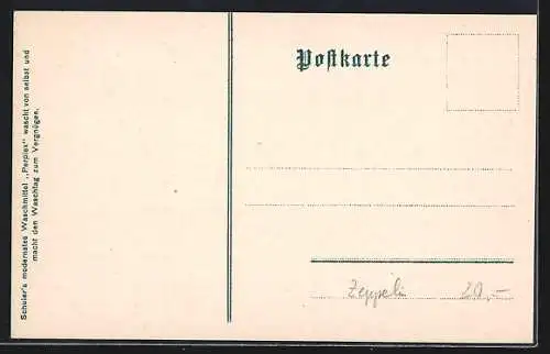 AK Portrait von Graf Zeppelin, Ortspartie mit Zeppelin in der Luft