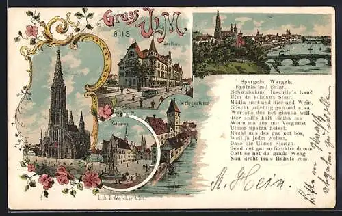 Lithographie Ulm / Donau, Saalbau, Metzgerturm, Rathaus und Gedicht Spargela Wargela