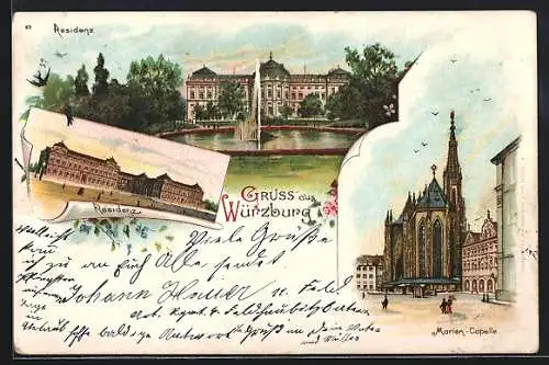 Lithographie Würzburg, Ansichten der Residenz, Ansicht der Marien-Kapelle