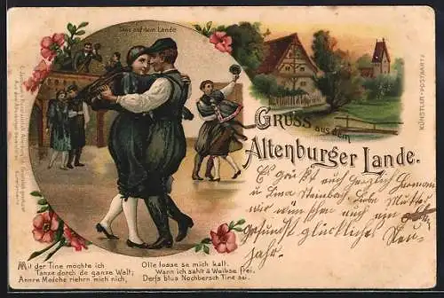 Lithographie Altenburg / Thür., Altenburger-Land-Paar in thüringischer Tracht beim Tanz
