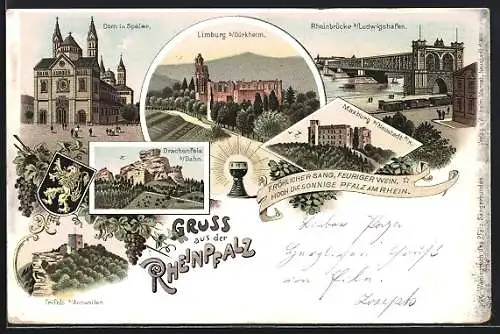 Lithographie Limburg / Bad Dürkheim, Drachenfels, Dom in Speier, Limburg, Rheinbrücke b. Ludwigshafen, Wappen
