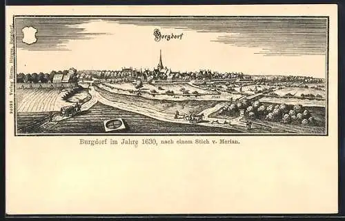 Künstler-AK Burgdorf / Aue, Historische Ortsansicht im Jahr 1630 nach Merian