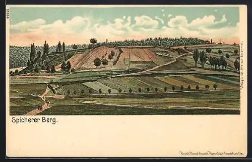 Lithographie Saarbrücken, Blick auf den Spicherer Berg