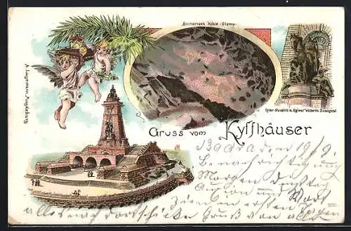 Lithographie Kyffhäuser, Kaiser-Wilhelm-Denkmal u. Reiterstandbild