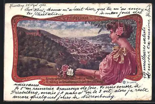 Künstler-AK Heidelberg / Neckar, Stadtpanorama mit Frauenfigur und Rahmen