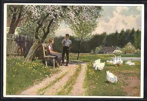 Künstler-AK Paul Hey: Frühling, Wanderer und Gänsemagd