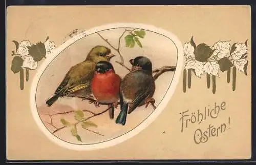 AK Drei Singvögel auf einem Zweig, Ostergruss