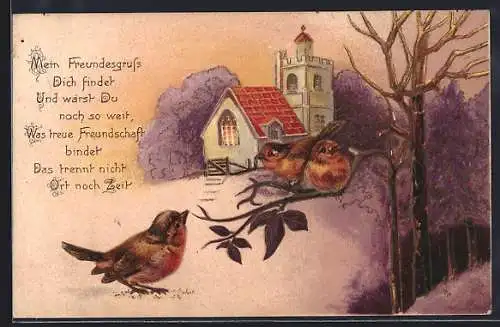 AK Drei Singvögel vor einer Kirche