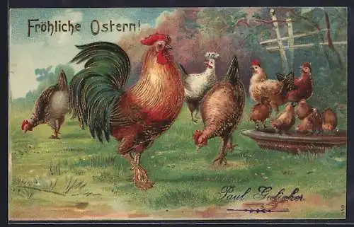 AK Hühner mit Küken im Gras, Ostergruss