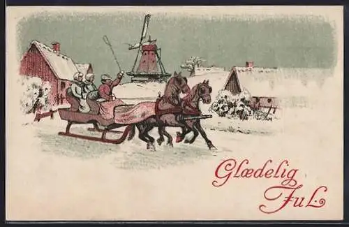 AK Schlittenfahrt im Winter, Windmühle, Weihnachtsgruss