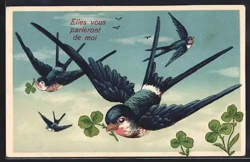 AK Fliegende Schwalben mit Kleeblättern im Schnabel