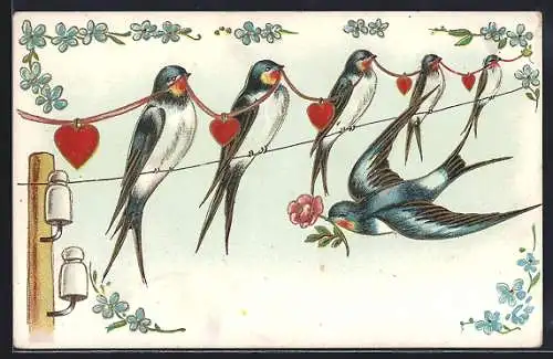 AK Schwalben auf Telegraphenleitung mit Herz-Kette, Fliegende Schwalbe mit Blume
