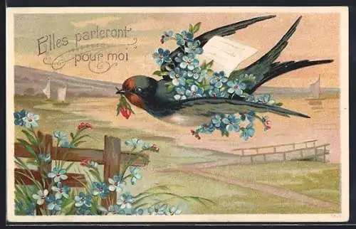 AK Fliegende Schwalbe mit Rosenknospe, Brief und Vergissmeinnicht