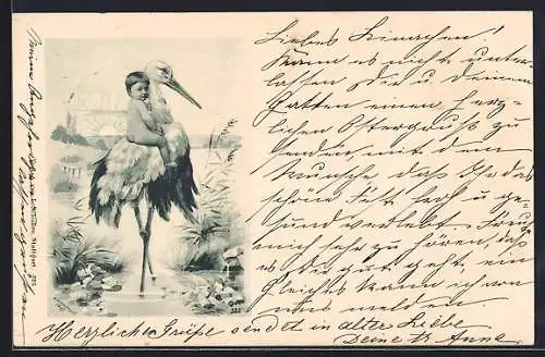 AK Klapperstorch mit Kind auf dem Rücken