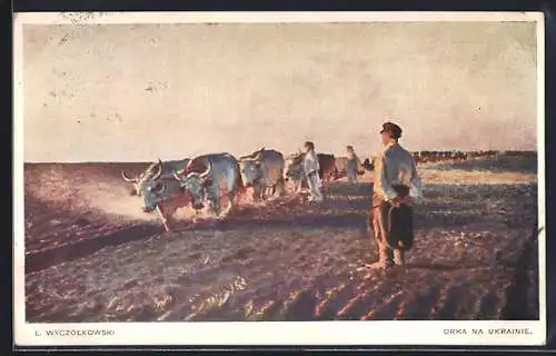 AK Ukraine, Bauern mit Ochsengespannen bei der Feldarbeit