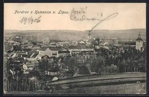 AK Kamenice n. Lipou, Totalansicht mit Feldern aus der Vogelschau