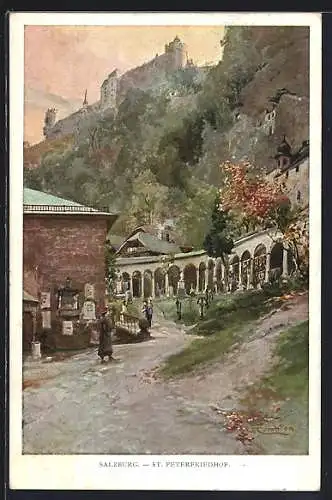 Künstler-AK Edward Theodore Compton: Salzburg, Blick vom St. Peterfriedhof zur Feste Hohensalzburg