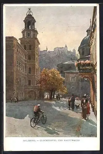 Künstler-AK Edward Theodore Compton: Salzberg, Glockenspiel, Festung und Dom mit Radfahrer