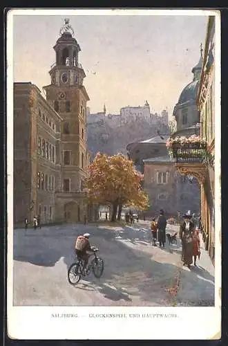 Künstler-AK Edward Theodore Compton: Salzberg, Glockenspiel, Festung und Dom mit Radfahrer