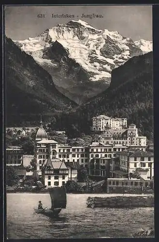 AK Interlaken, Ortspartie mit Jungfrau und Boot