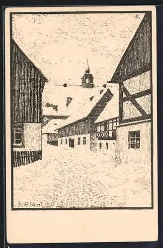 Künstler-AK Katharinenberg, Ortspartie im Winter