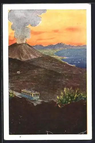 AK Vesuvianische Eisen- und Drahtseilbahn, Bergbahn vor Vulkan