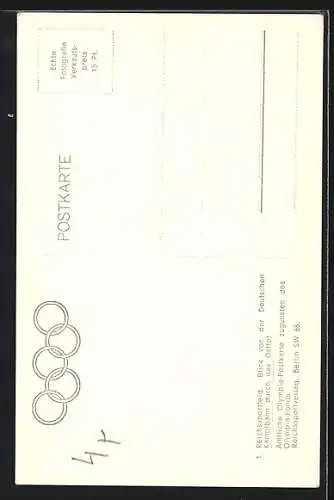 AK Berlin, Reichssportfeld, Blick von der deutschen Kampfbahn durch das Osttor, Olympische Ringe, Olympia