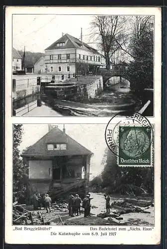 AK Bad Berggiesshübel, Hochwasser vom 8. /9. Juli 1927, Schaden am Badehotel zum Sächs. Haus