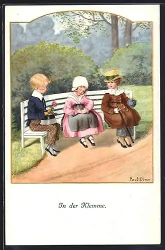 Künstler-AK Pauli Ebner: In der Klemme, Mädchen mit zwei Verehrern