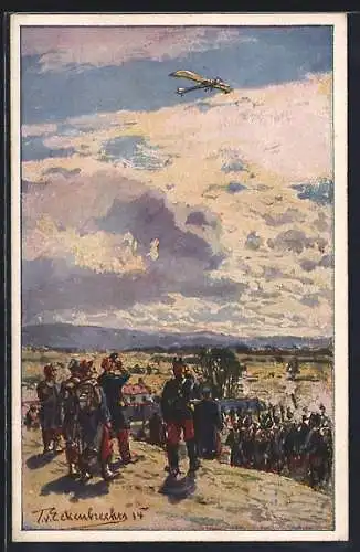 Künstler-AK sign.: T. von Eckenbrecher: Beschuss der deutschen Flugtaube durch Franzosen