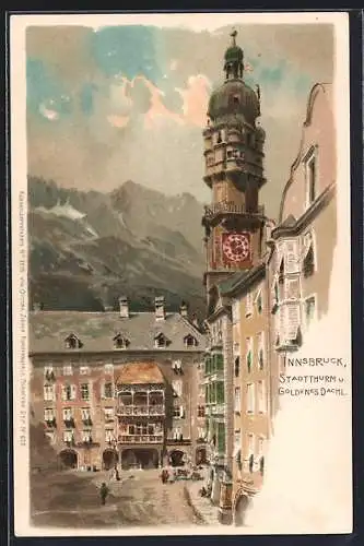 Lithographie Innsbruck, Strassenpartie mit Stadtturm und Goldenes Dach