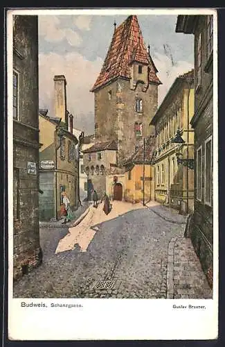 Künstler-AK Budweis / Ceske Budejovice, Blick in die Schanzgasse